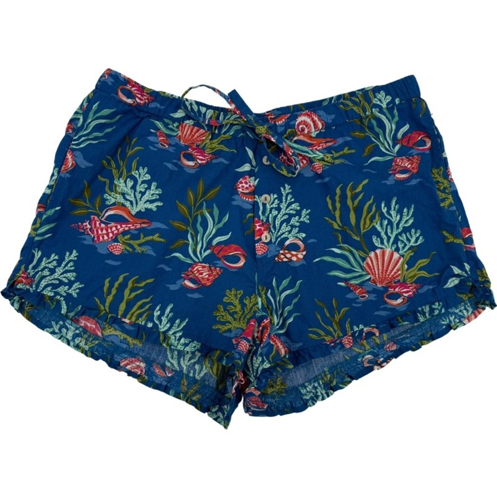 PRINTFRESH Medium Pajama Shorts Blue Seashell Coral Organic Cotton Ruffle Beach